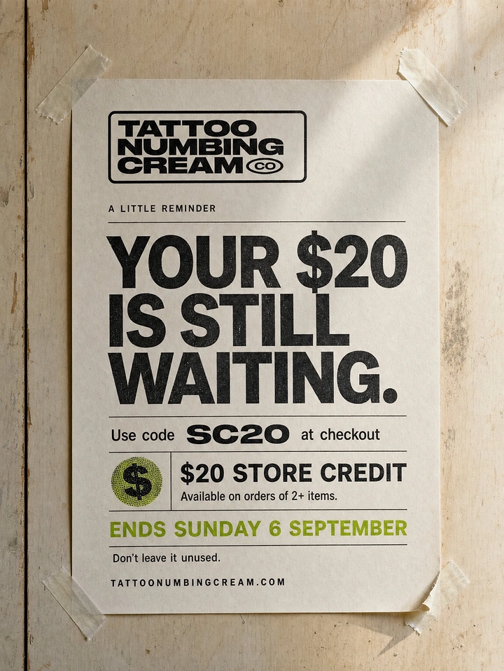 Tattoo Studios creative ad: Taped-poster reminder, witty 'still waiting' copy