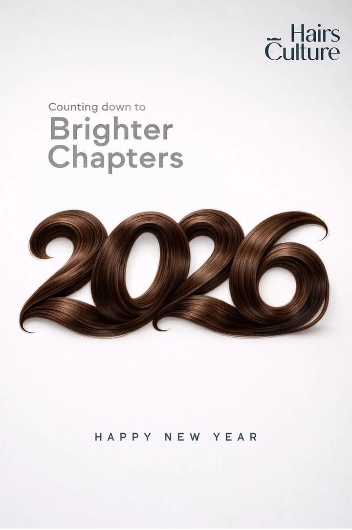 New Year creative ad: The year 2026 formed from flowing, glossy brown hair strands