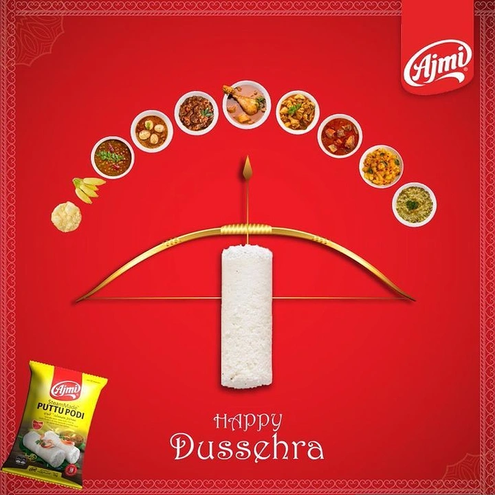 Dussehra creative ad: Puttu cylinder as arrow on golden bow under arc of curry bowls