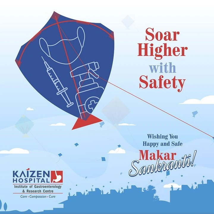 Makar Sankranti creative ad: Blue kite with line-art medical icons