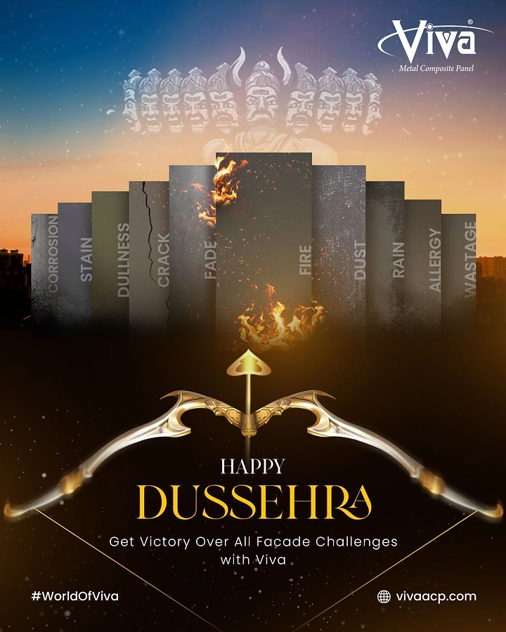 Dussehra creative ad: Golden bow aiming at labelled facade panels topped by a ghostly Ravana