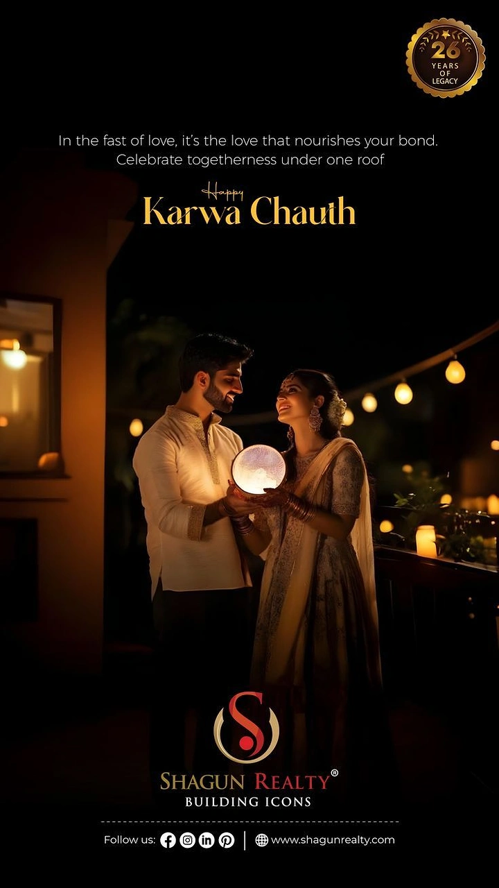 Karwa Chauth creative ad: Couple in ethnic wear holding a glowing moon orb on a lit terrace