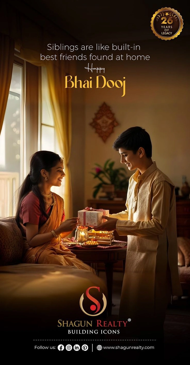 Bhai Dooj creative ad: Brother giving a gift to his sister in a warmly lit home