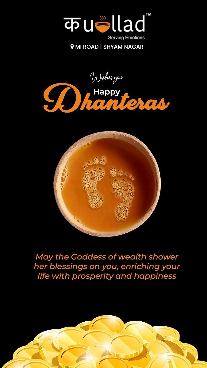 Dhanteras creative ad: Top-down clay kulhad of chai with Lakshmi footprints formed in the foam