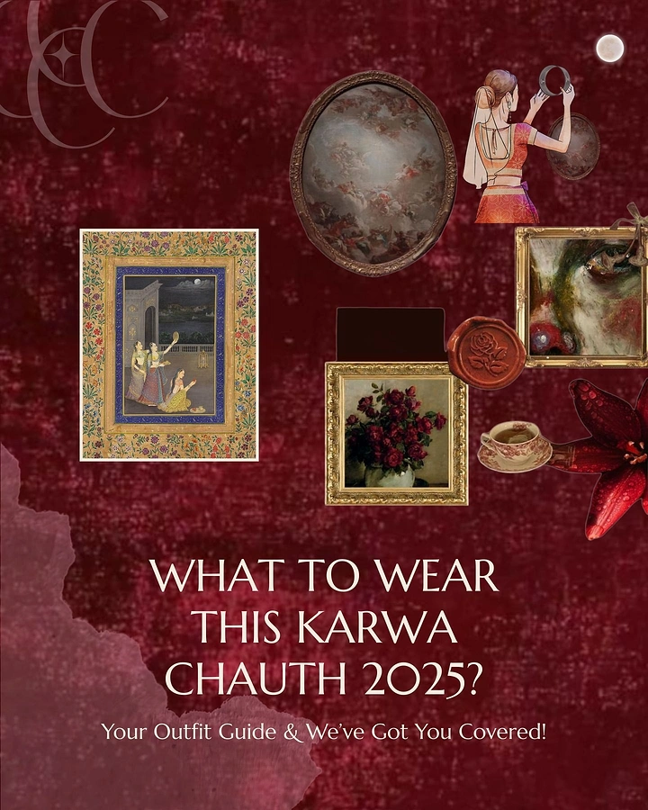Karwa Chauth creative ad: Moodboard collage of framed art on crimson velvet
