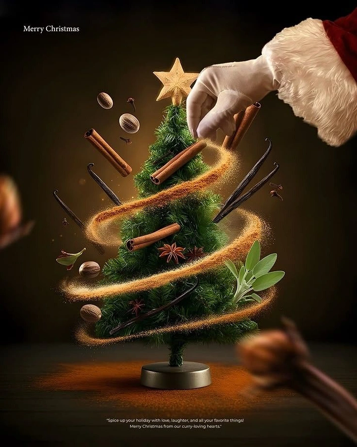 Christmas creative ad: Mini Christmas tree wrapped in a swirl of ground spice with floating whole spices