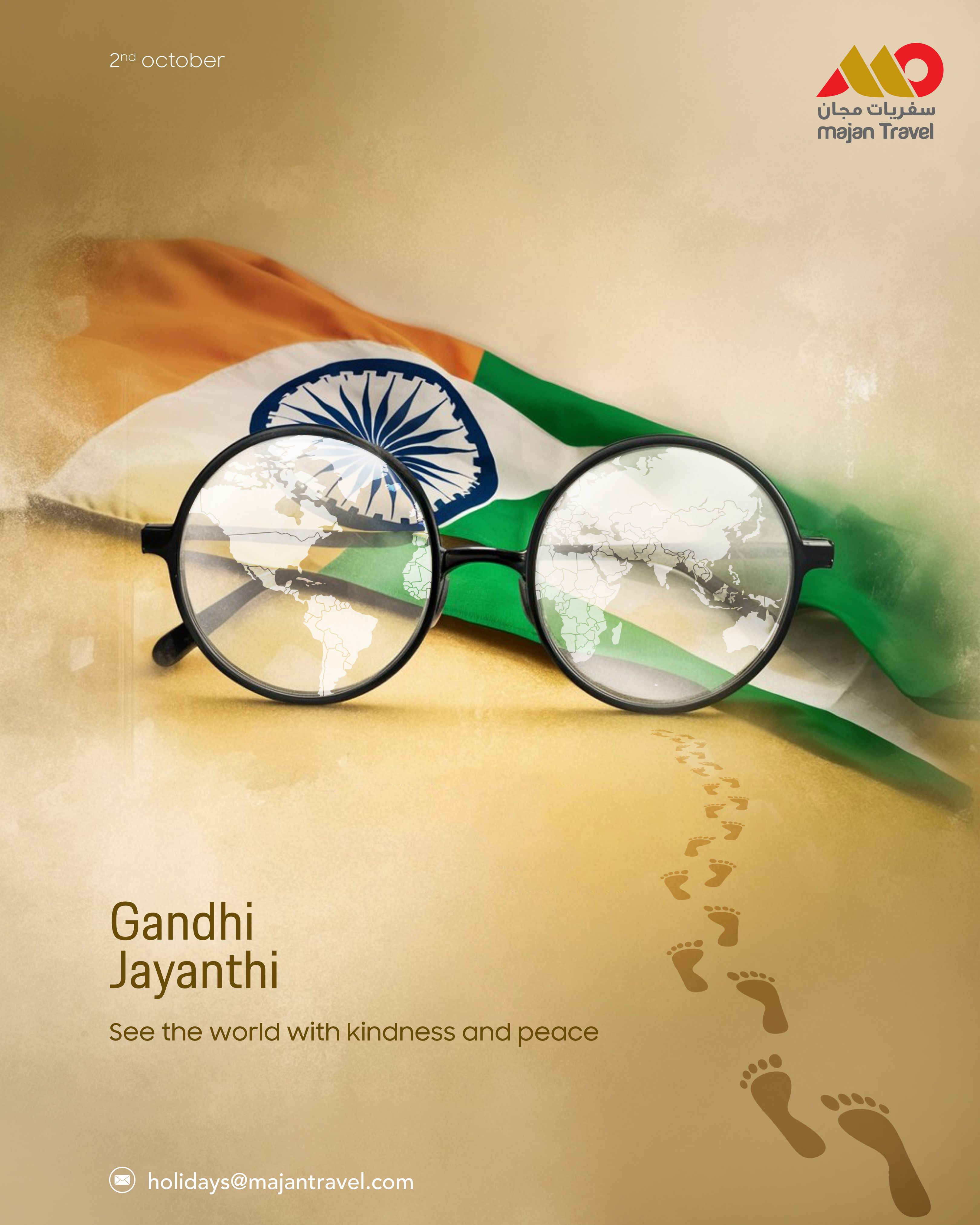 Round Gandhi-style glasses reflecting a world map in front of a draped Indian flag
