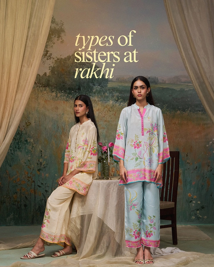 Raksha Bandhan creative ad: Two models in floral printed co-ord sets posed before a painted landscape backdrop