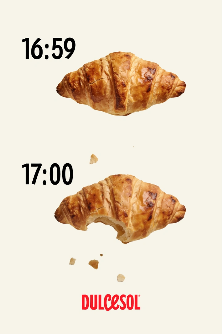 Food & Beverage creative ad: Whole croissant, then a bitten croissant a minute later