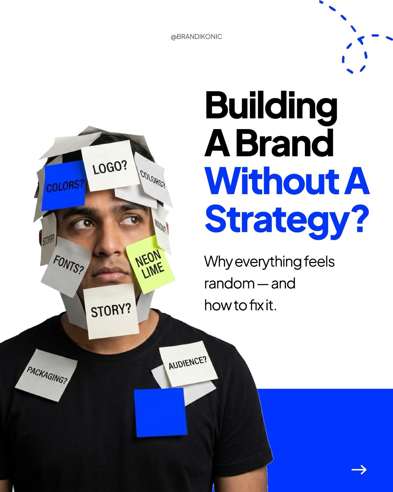 Head buried in sticky-note brand chaos