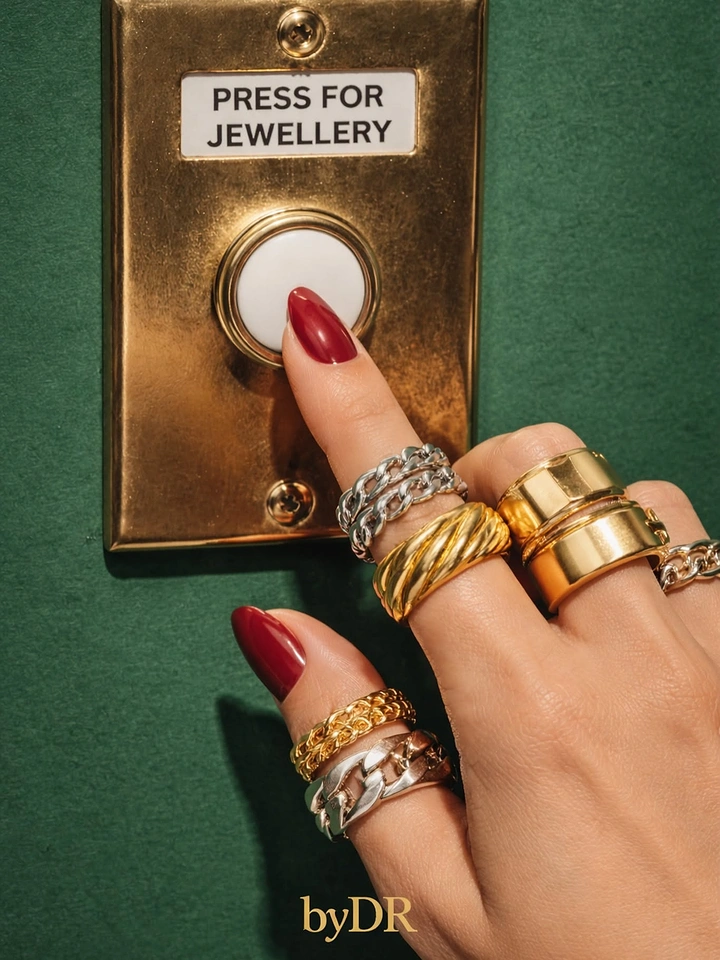 Fashion creative ad: Ring-stacked hand pressing a brass doorbell labelled for jewellery