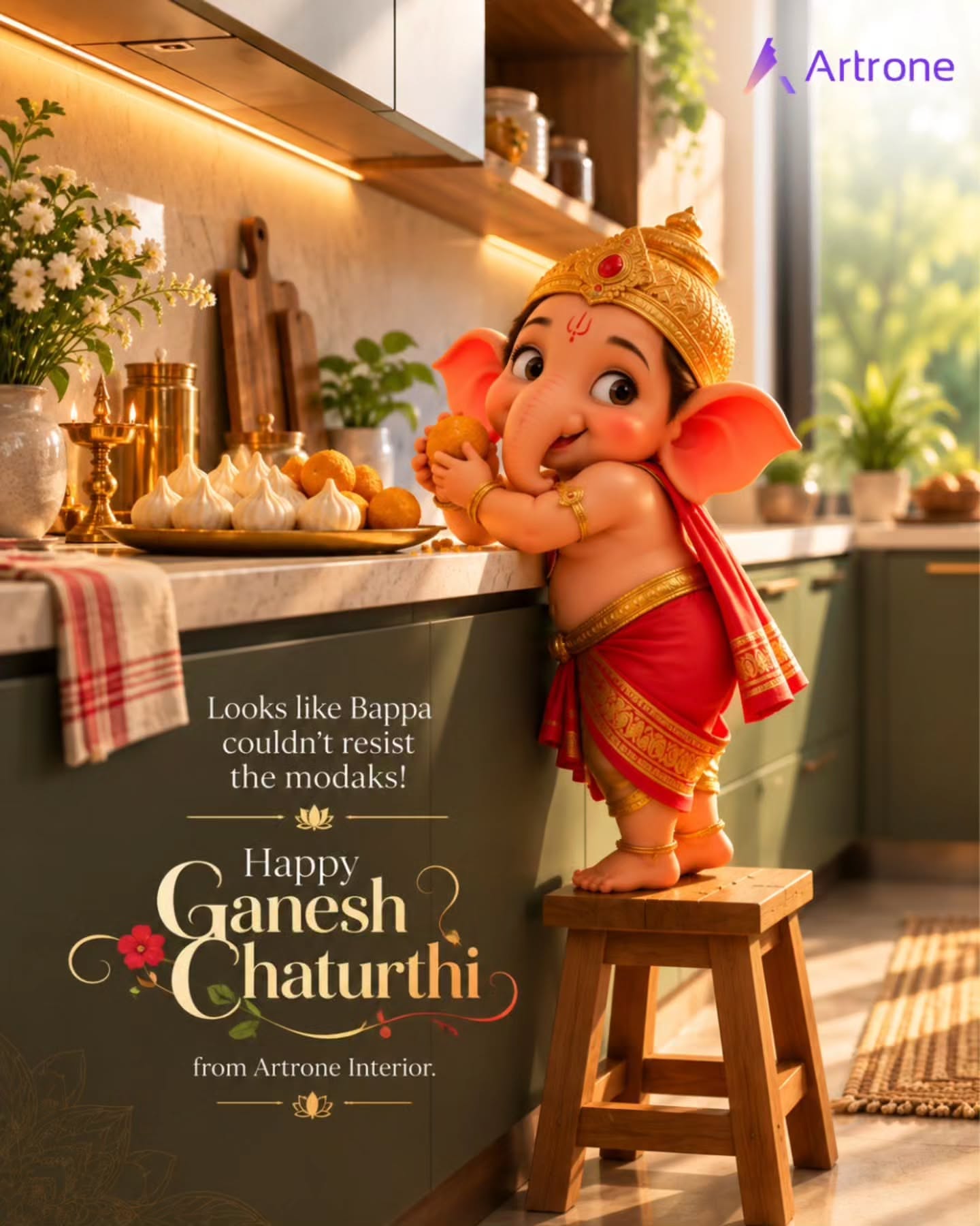 Cute 3D baby Ganesha on a stool stealing a laddoo in a modern kitchen
