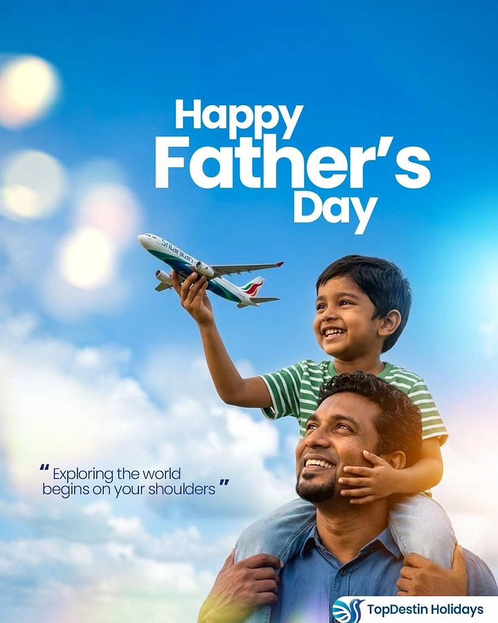 Father's Day creative ad: Smiling boy on father's shoulders holding a toy airliner against the sky