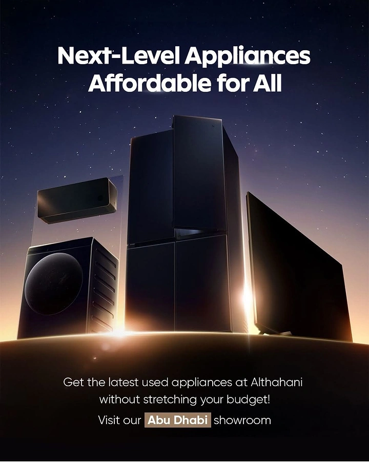 Electrical Goods Stores creative ad: Black appliances (fridge, washer, AC, TV) on a glowing planet horizon