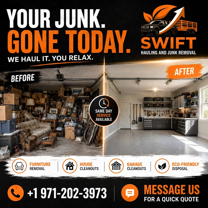 Junk Removal creative ad: Before/after split of cluttered vs clean garage