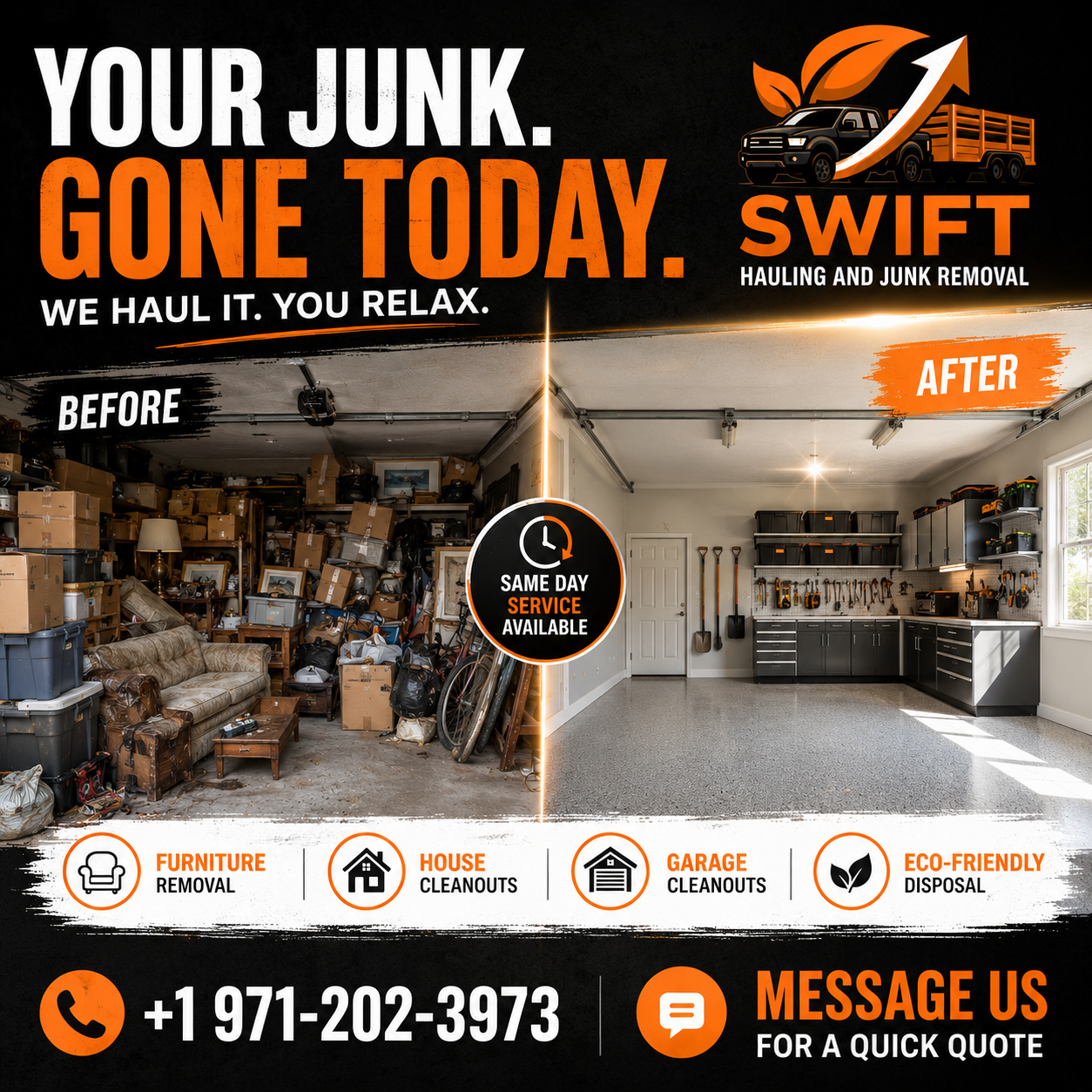 Instagram post: Before/after split of cluttered vs clean garage
