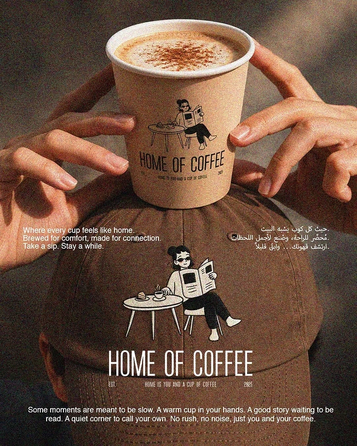 Print-on-Demand & Merch creative ad: Hands balancing a branded coffee cup on a brown cap