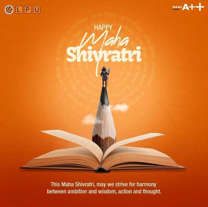 other-festival creative ad: Shiva figurine standing on a pencil tip rising from an open book