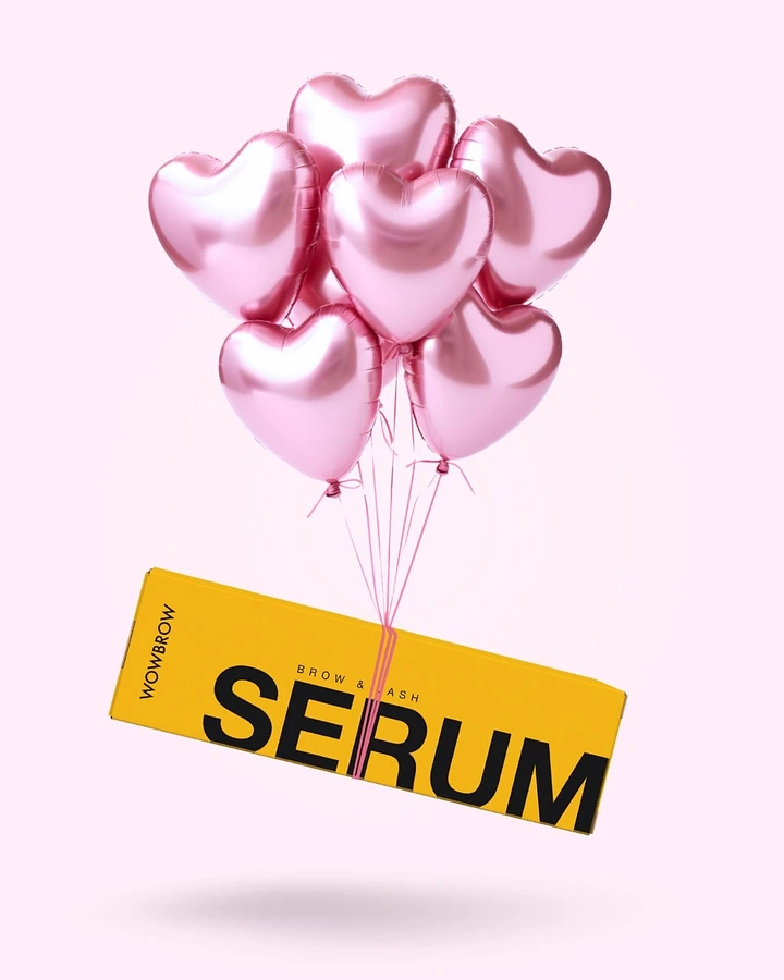 Valentine's Day creative ad: Cluster of pink heart balloons lifting a yellow serum box