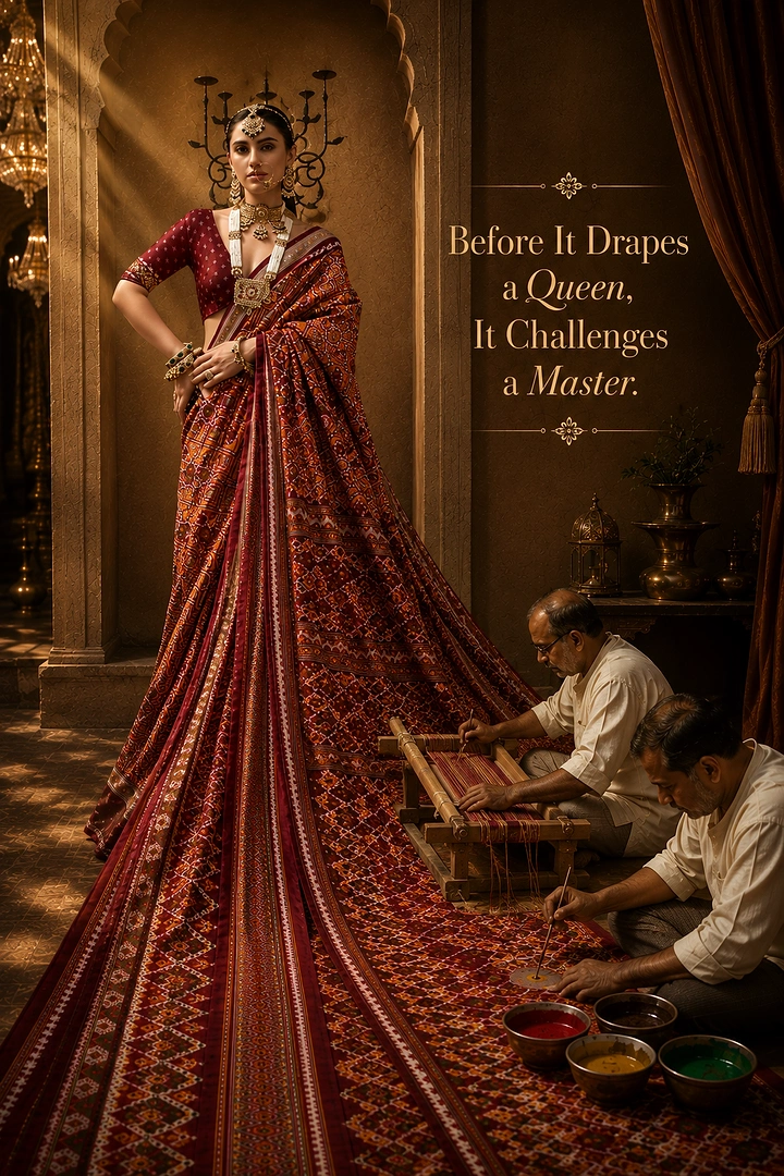 Fashion creative ad: Queen in a long patola saree whose trail is being woven by artisans