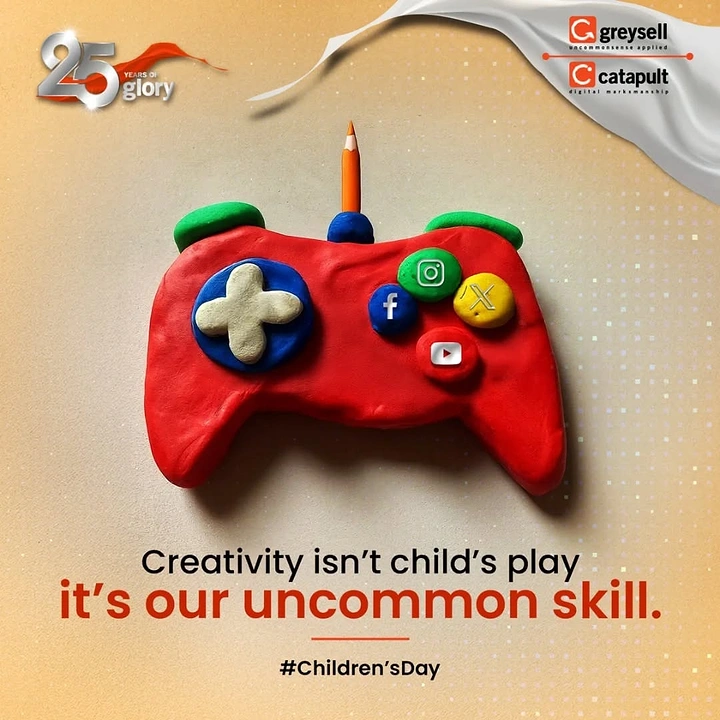 Children's Day creative ad: Handmade red clay game controller with social media buttons