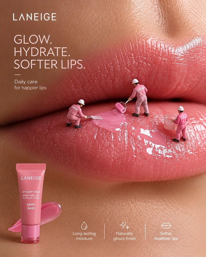 Skincare & Cosmetics creative ad: Macro glossy lips with tiny pink-uniformed workers spreading balm with a roller