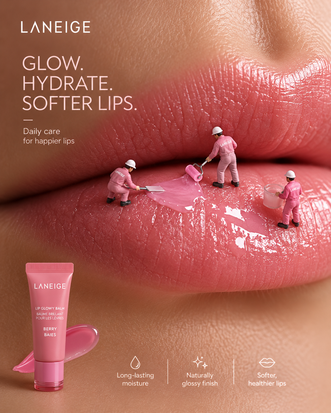 Instagram post: Macro glossy lips with tiny pink-uniformed workers spreading balm with a roller