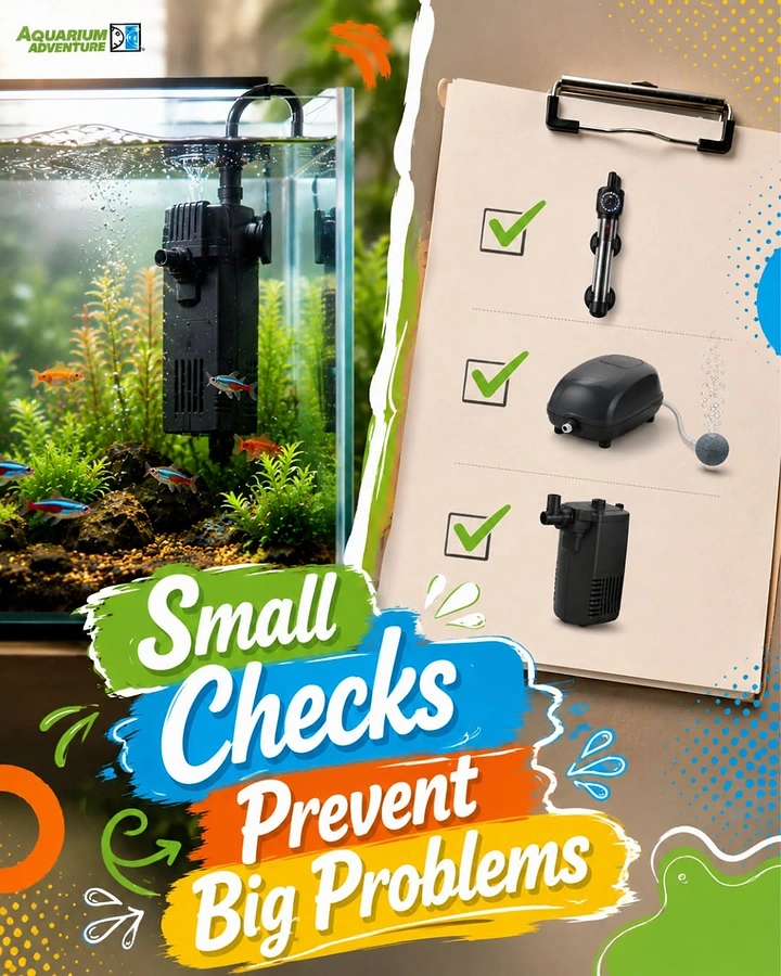 Aquarium Shops creative ad: Equipment checklist clipboard beside tank