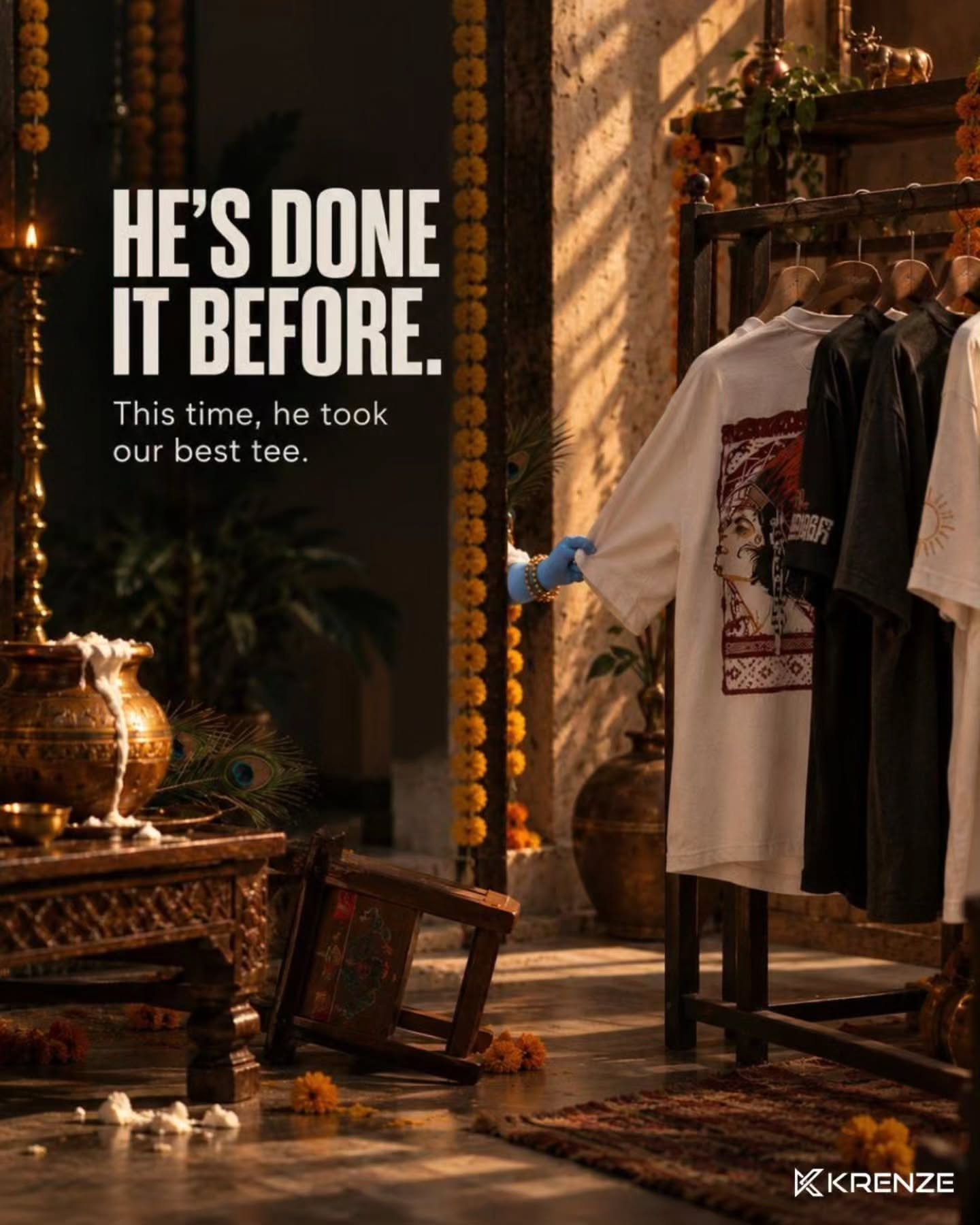 Janmashtami Instagram post: Blue hand stealing a tee from a clothing rack