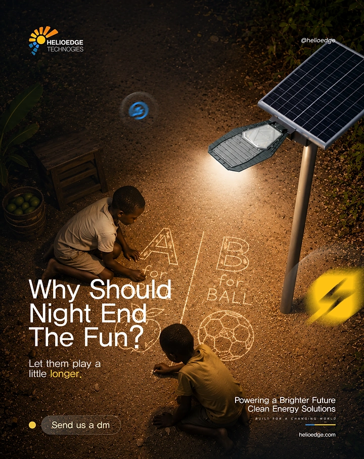 Solar & Energy creative ad: Children chalk-drawing under a solar street lamp at night