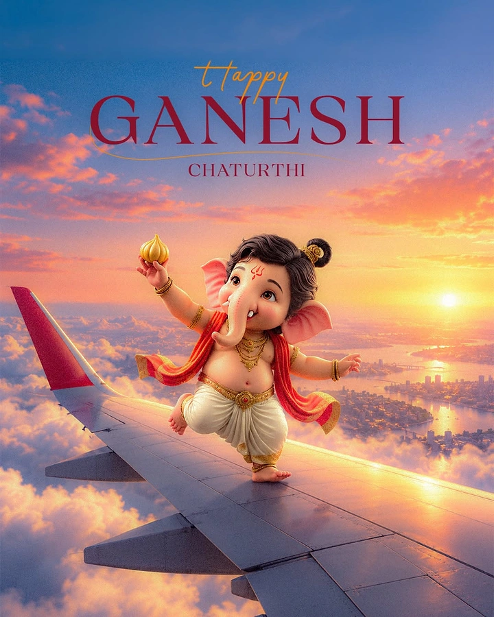 Ganesh Chaturthi creative ad: Cute 3D baby Ganesha dancing on an airplane wing at sunset