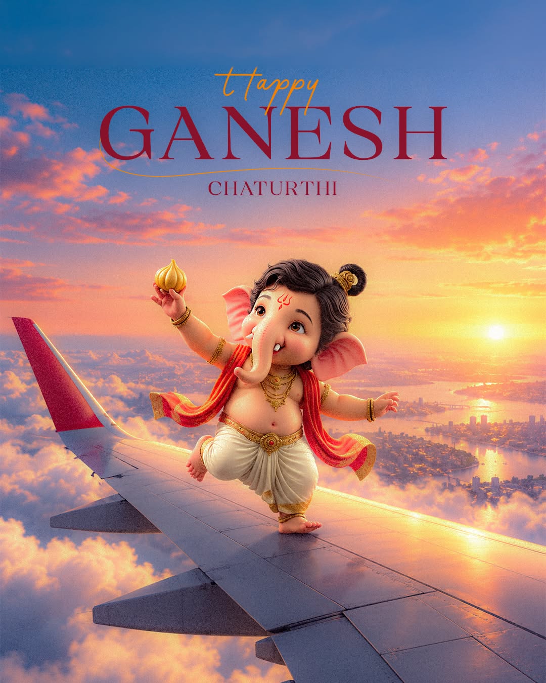 Cute 3D baby Ganesha dancing on an airplane wing at sunset