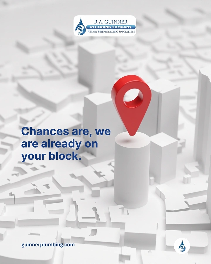 Plumbers creative ad: White 3D city pin: 'already on your block'