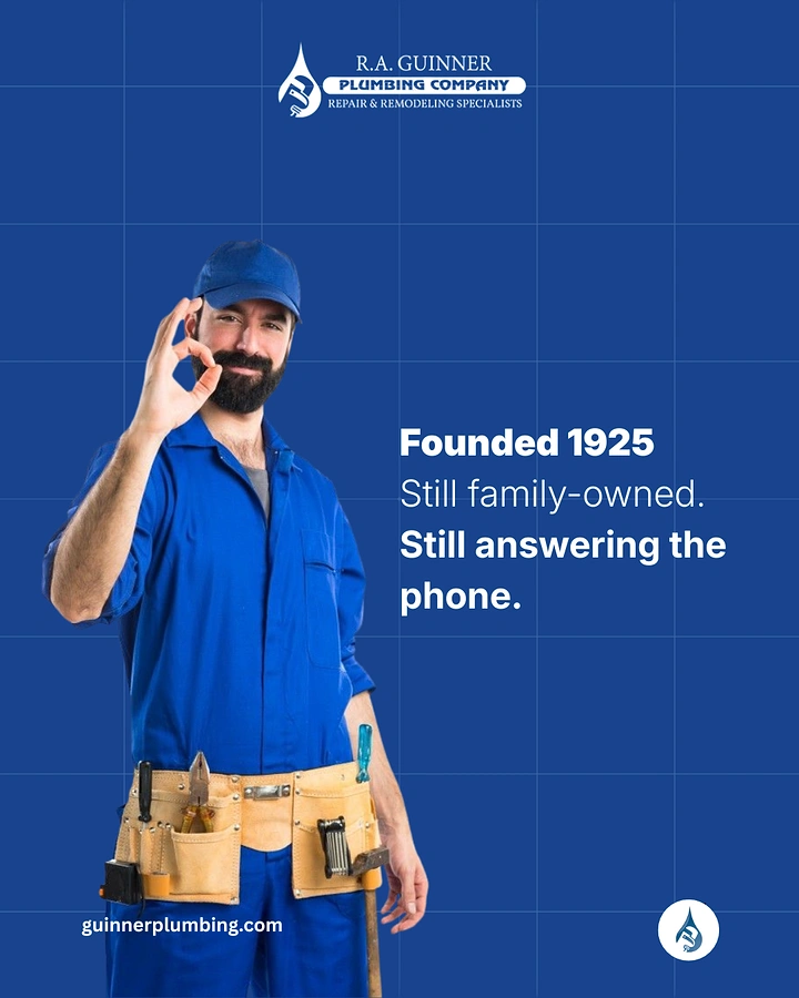 Plumbers creative ad: Witty heritage copy: still answering phone