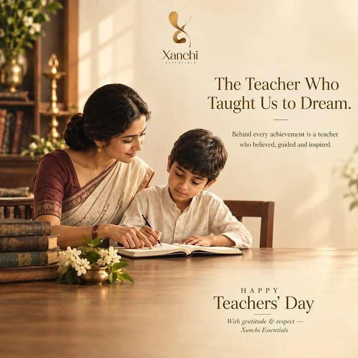 Teachers Day creative ad: Woman in a saree guiding a boy as he writes in a notebook at a wooden table
