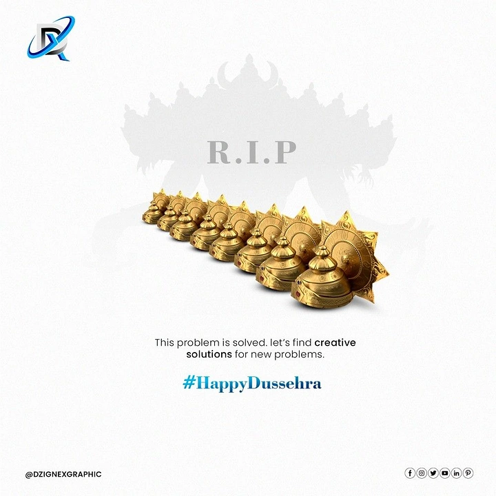 Dussehra creative ad: Row of ten fallen golden crowns before faded Ravan silhouette