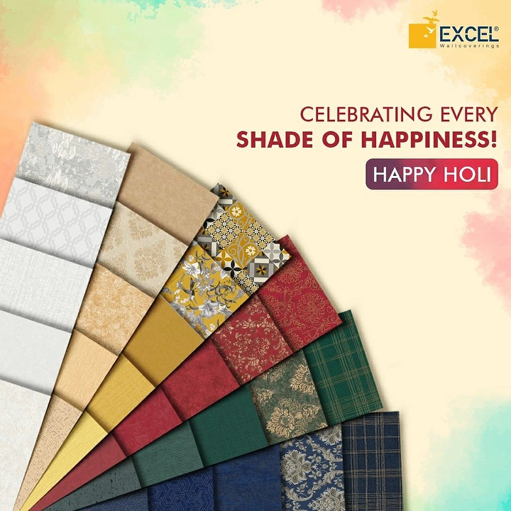 Holi creative ad: Fanned-out wallpaper swatch samples in many colours and patterns