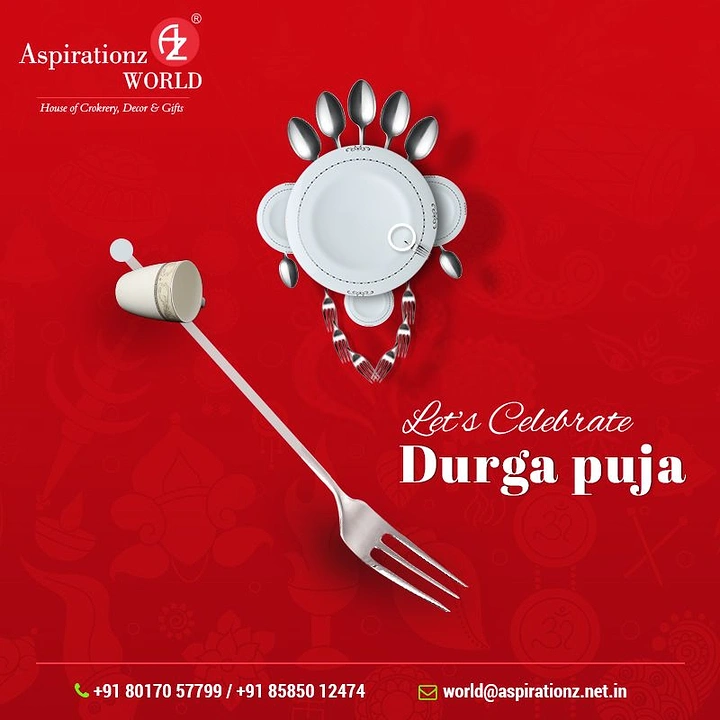 Durga Puja creative ad: Durga face made from plates and spoons, with a fork-and-cup trident