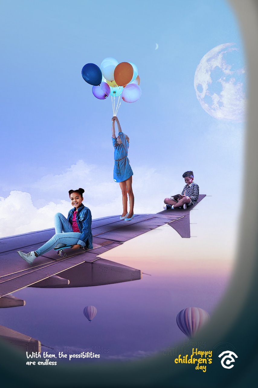 Children sitting and standing on an airplane wing in the sky