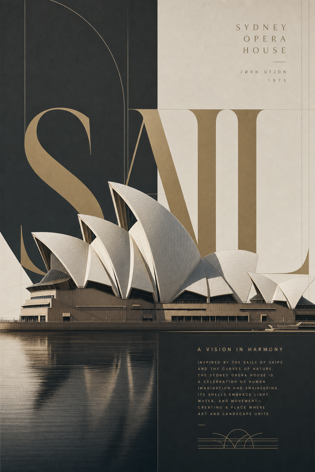 Poster: Sail-shelled opera house over giant gold serif letters