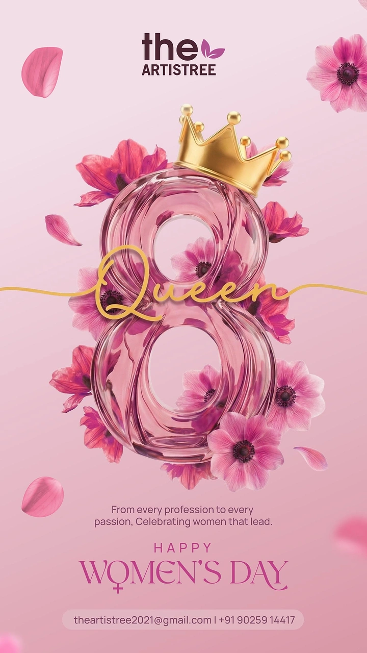 Women's Day creative ad: Pink glass numeral 8 with a gold crown and flowers