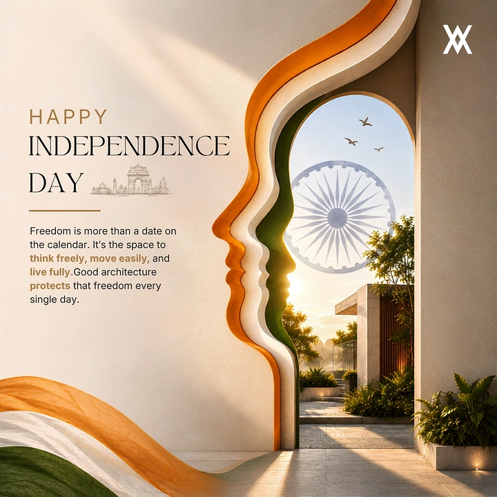 Independence Day creative ad: Architectural wall cut into layered tricolour face profiles framing an arch with Ashoka Chakra sky