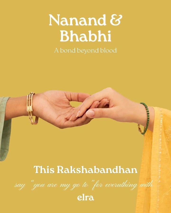 Raksha Bandhan creative ad: Two women's hands clasping, wearing bangles