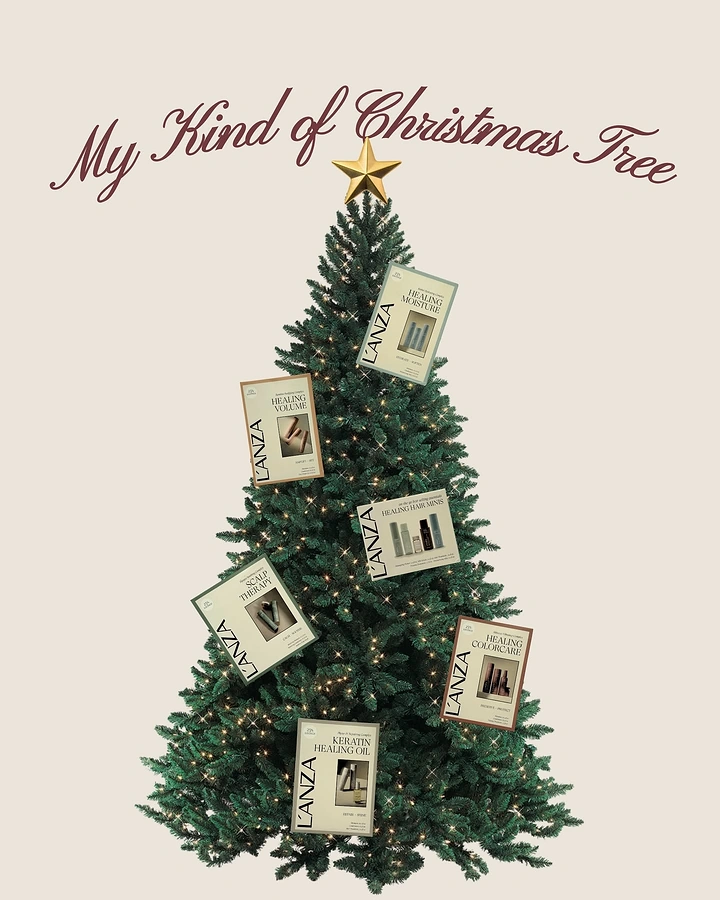 Christmas creative ad: Cut-out Christmas tree hung with product gift-set cards as ornaments
