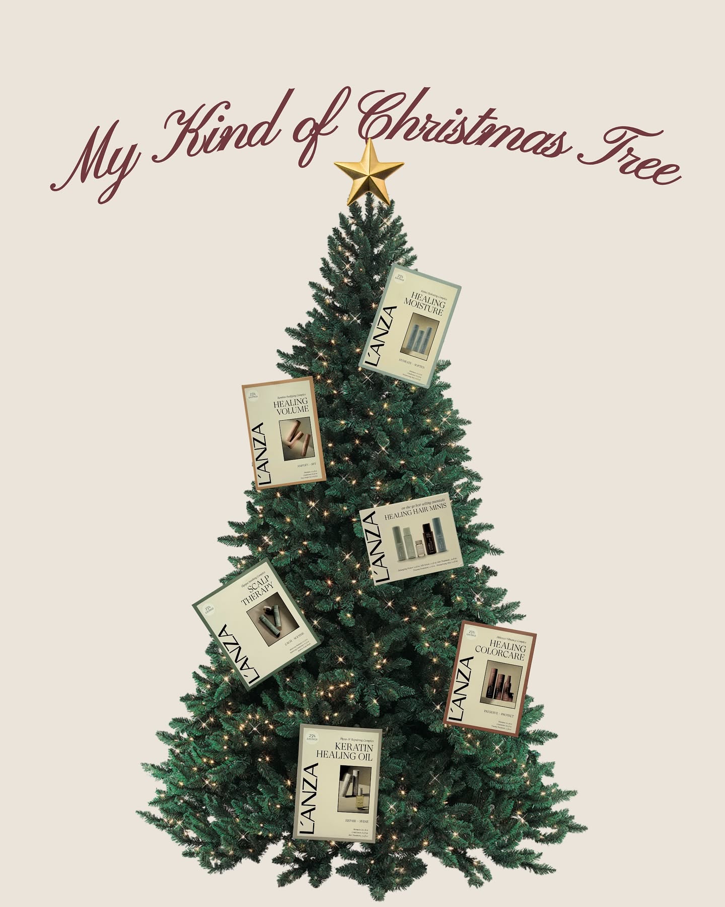 Christmas Carousel: Cut-out Christmas tree hung with product gift-set cards as ornaments, slide 1