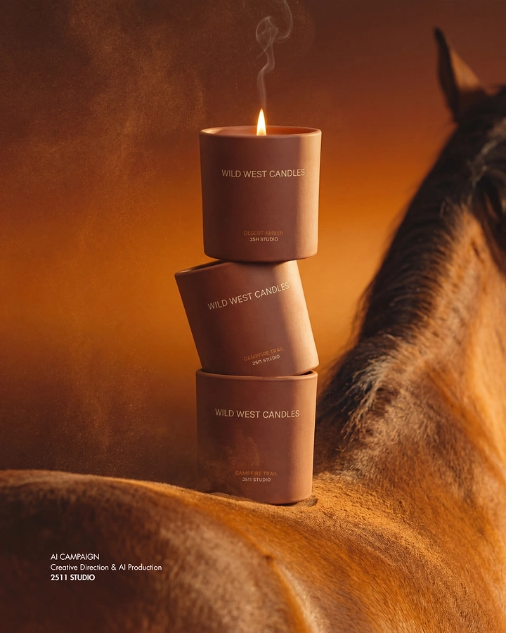 Candles & Home Fragrance creative ad: Candles stacked on horseback, Wild West