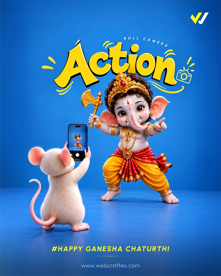 Ganesh Chaturthi creative ad: 3D baby Ganesha posing while his mouse films him on a phone