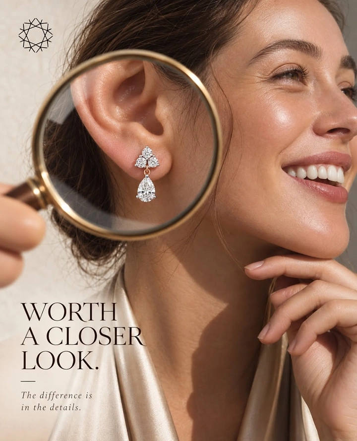 Creative ad: Smiling woman with a magnifying glass framing her diamond drop earring