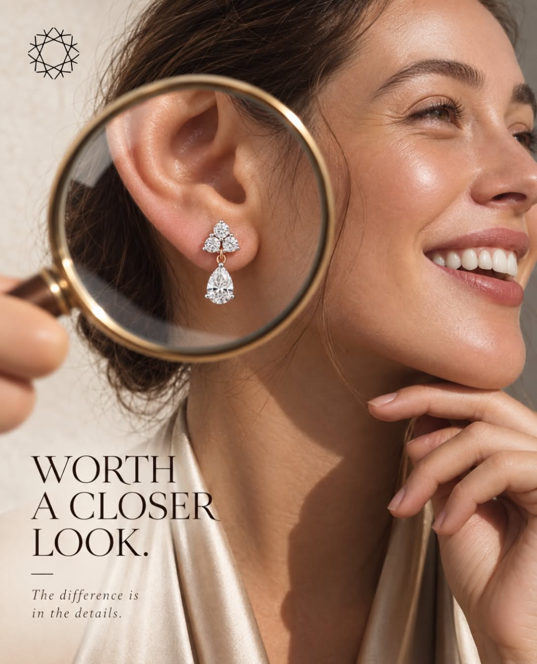 Instagram post: Smiling woman with a magnifying glass framing her diamond drop earring