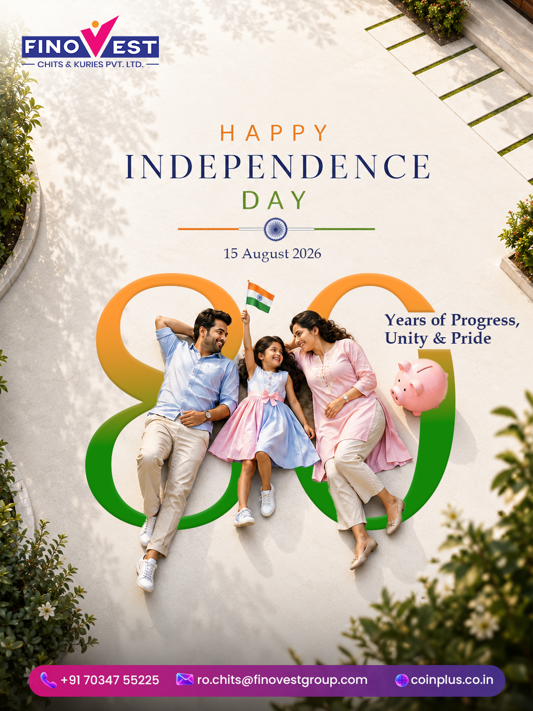 Independence Day Instagram post: Top-down view of a family lying inside a large saffron-to-green '80'